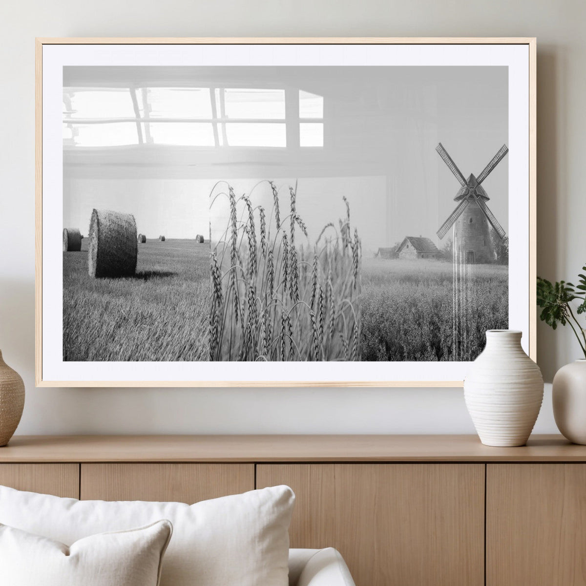 Vintage Farmhouse Black and White Triptych Wall Art, Giclee Canvas with Wheat Fields, Hay Bales and Windmill