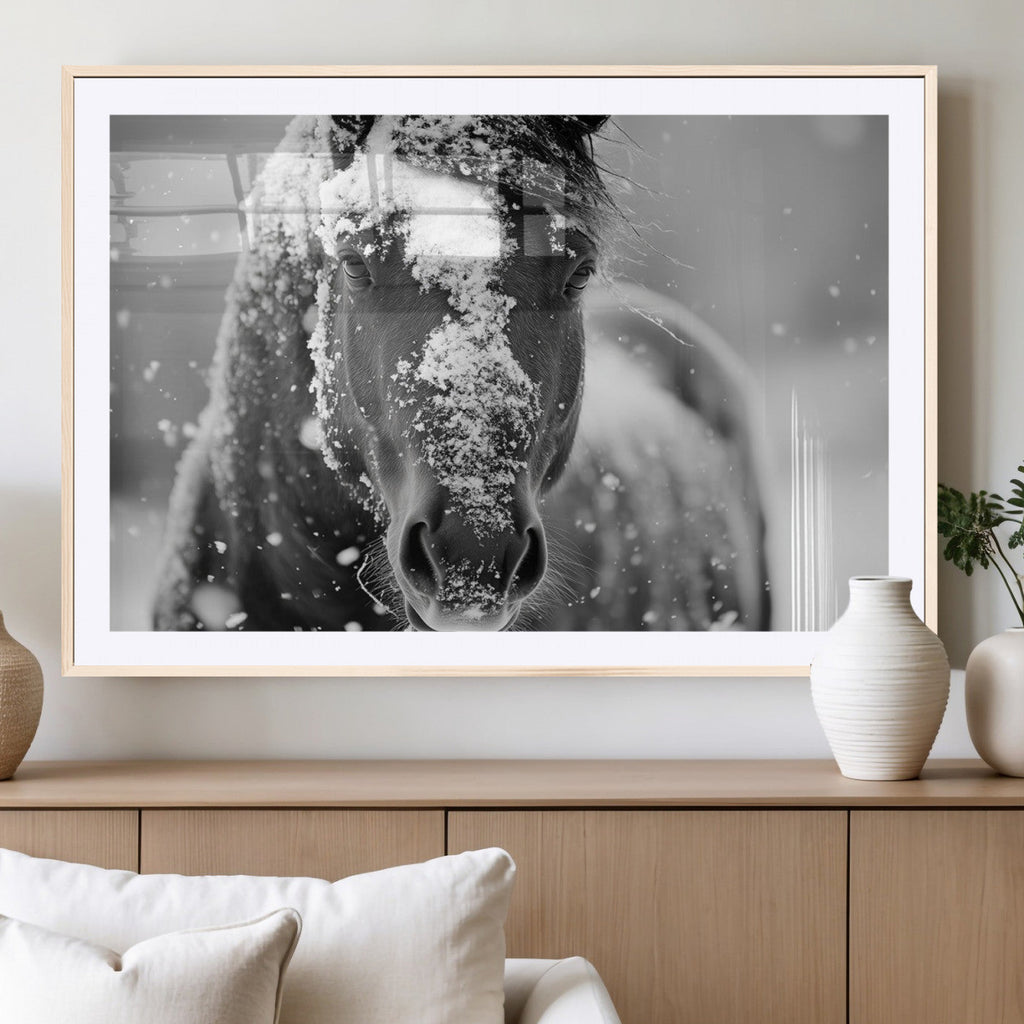 Black and White Horse Winter Wall Art, Ready to Hang