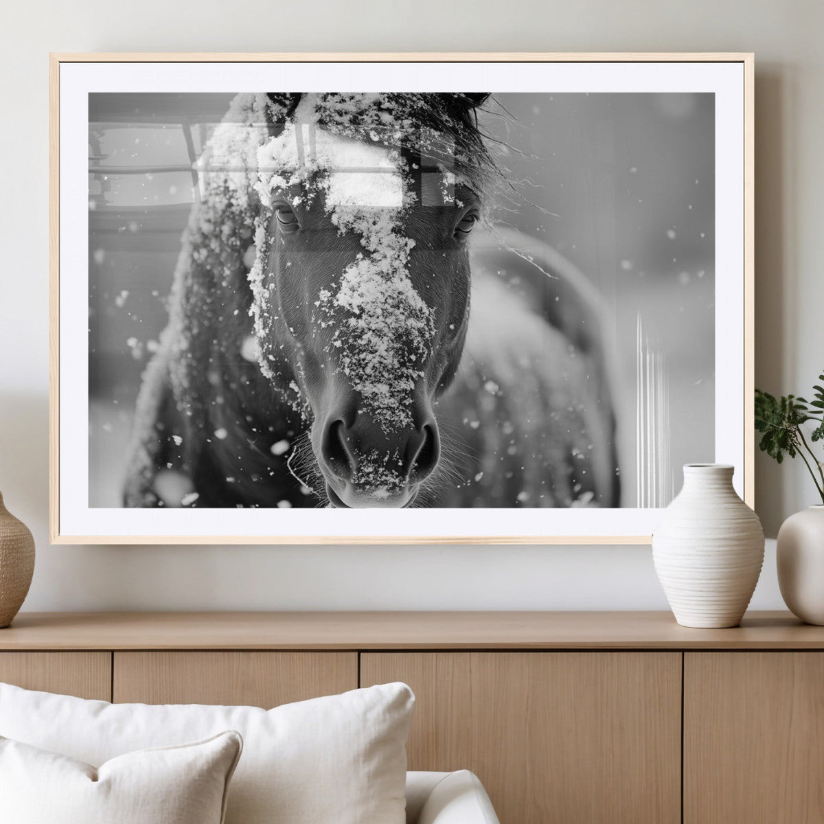 Black and White Horse Winter Wall Art, Ready to Hang