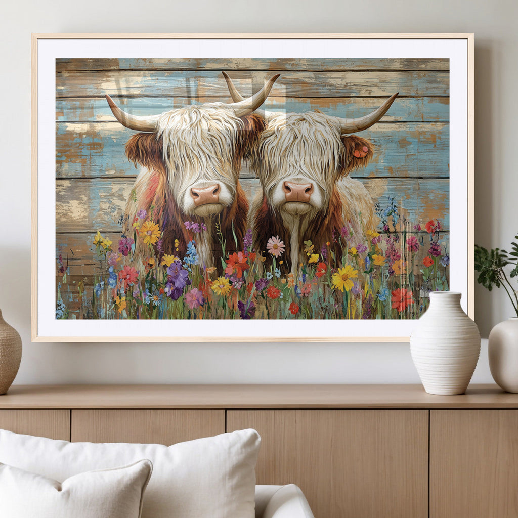 Cute Highland Cow Canvas Wall Art - Rustic Farmhouse Decor