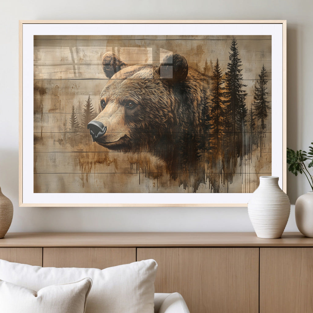 Rustic Grizzly Bear Wall Art, Abstract Grizzly 399 Bear Canvas Print, Woodland Wildlife