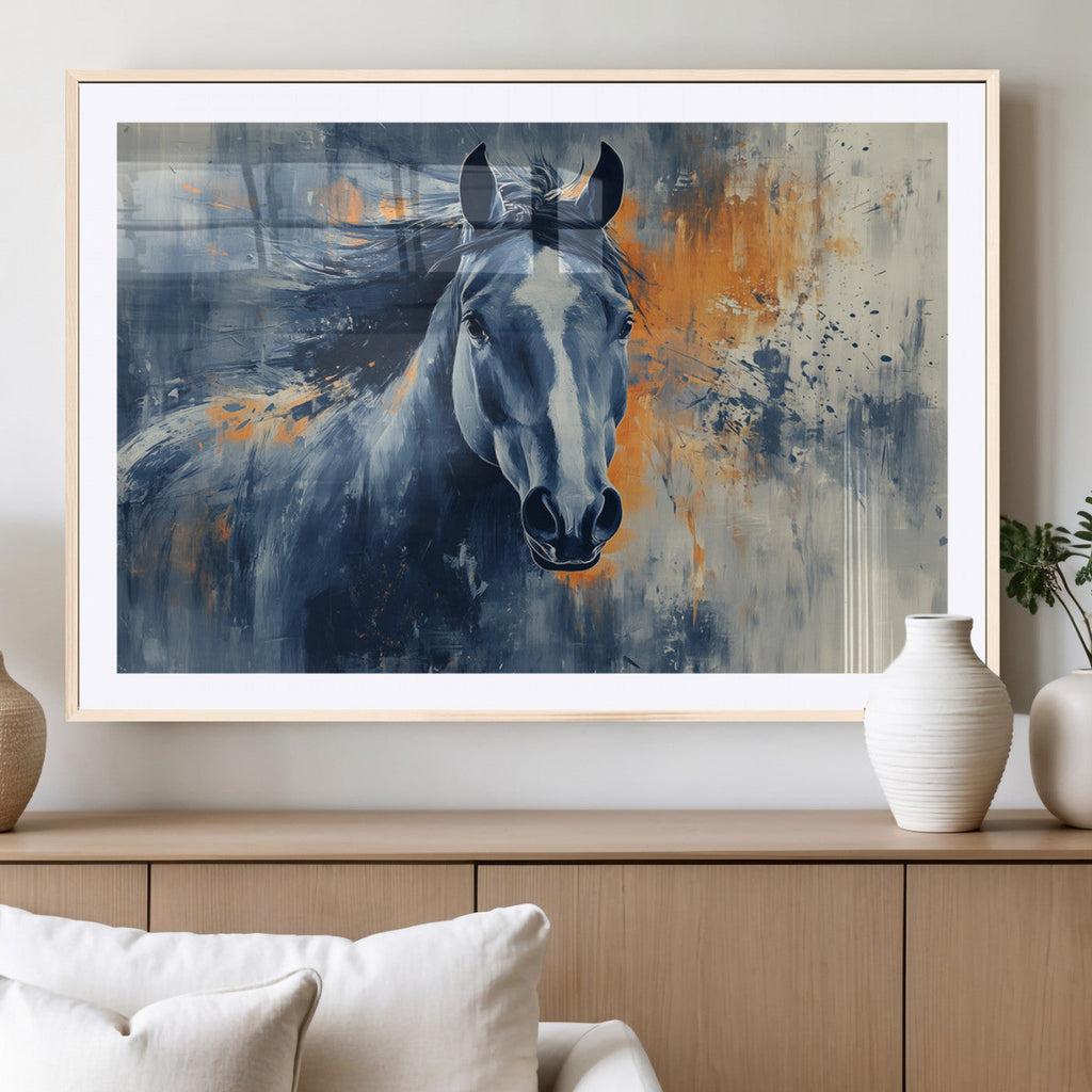 Abstract Blue Horse Wall Art Print Canvas | Western Horse Wall Art for Farmhouse Decor