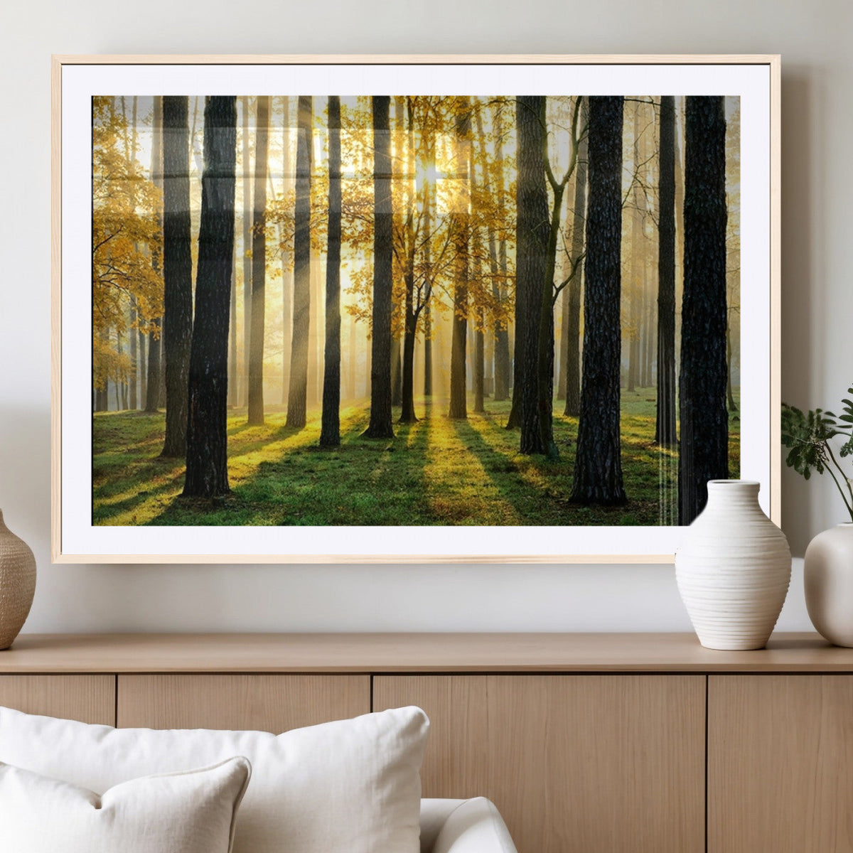 Sunlit Forest Wall Art Canvas Print, Large Framed Woodland Scene with Golden Light