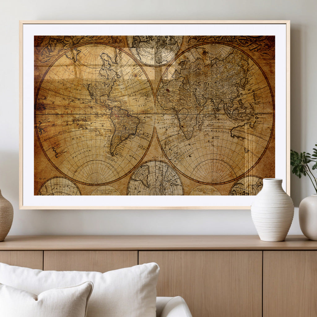 Vintage World Map Canvas Print | Antique Push Pin Travel Map