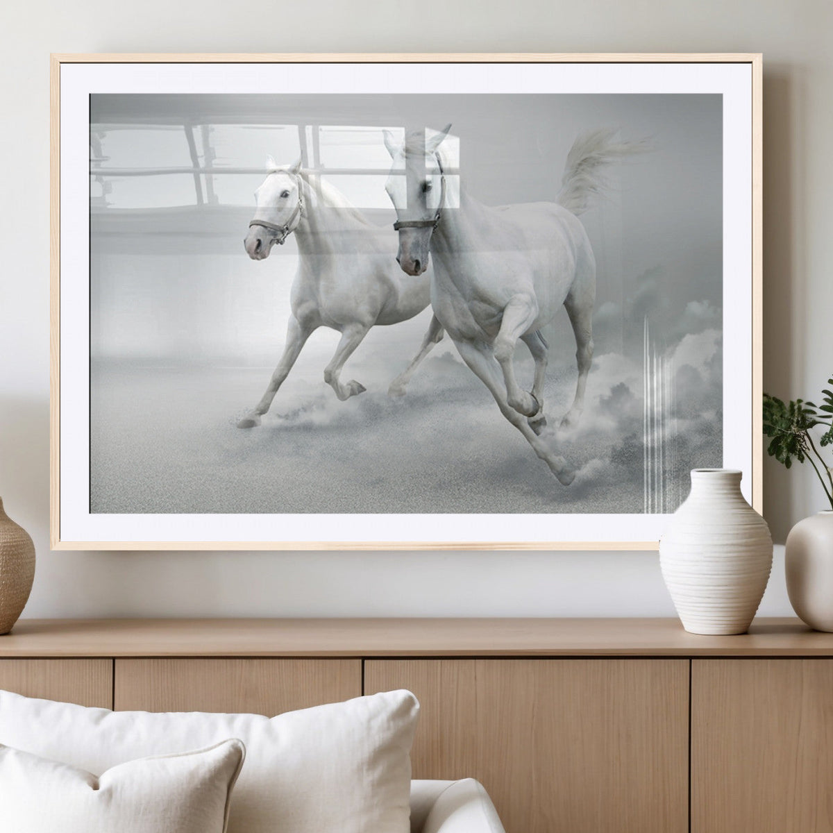 Large Wall Art Canvas Print, Beautiful Running White Horses