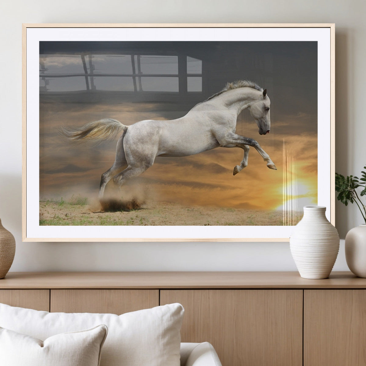 Large Wall Art Canvas Print, White Jumping Horse at Sunset