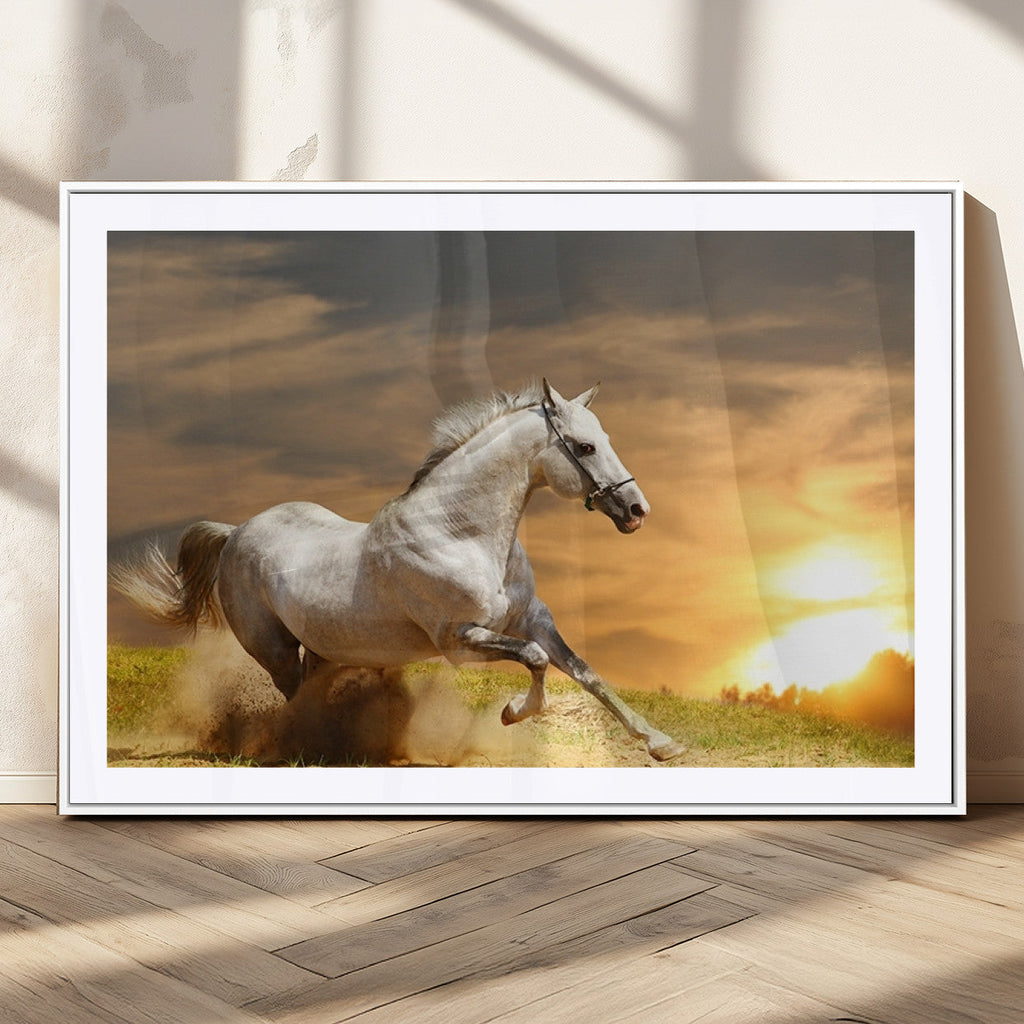 Large Wall Art Galloping White Horse at Sunset Canvas Print