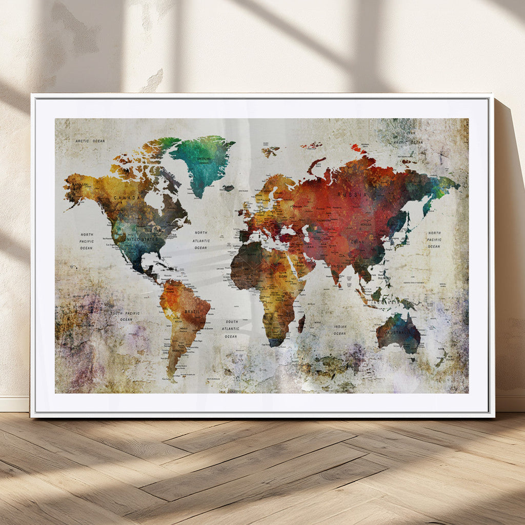 Watercolor World Map Canvas Print | Framed Travel Map Wall Art for Couples