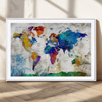 Navy Blue and Orange Watercolor World Map Canvas Print | Framed Travel Map