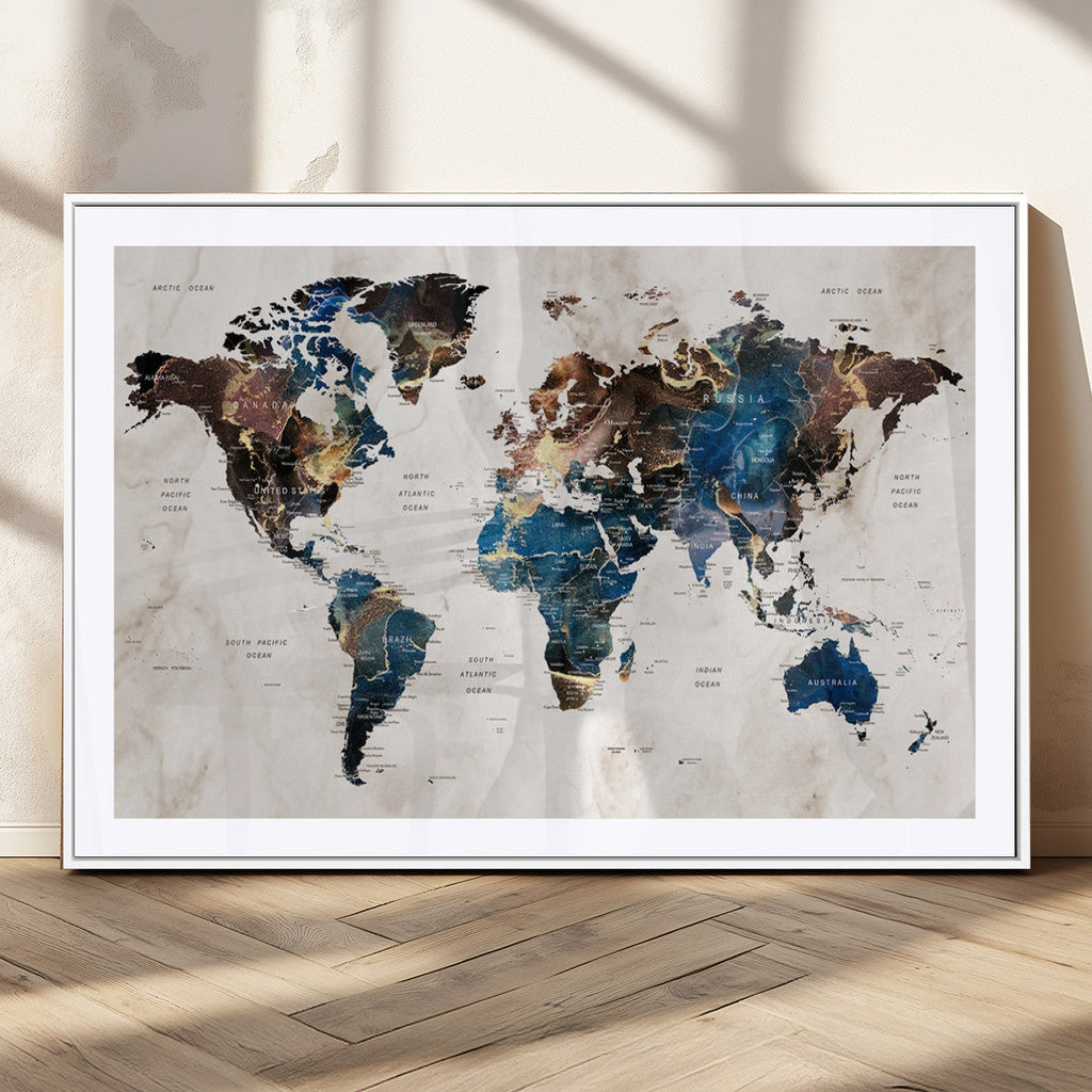 Abstract Earth Tone Blue World Map Canvas Print | Framed Travel Map Wall Art