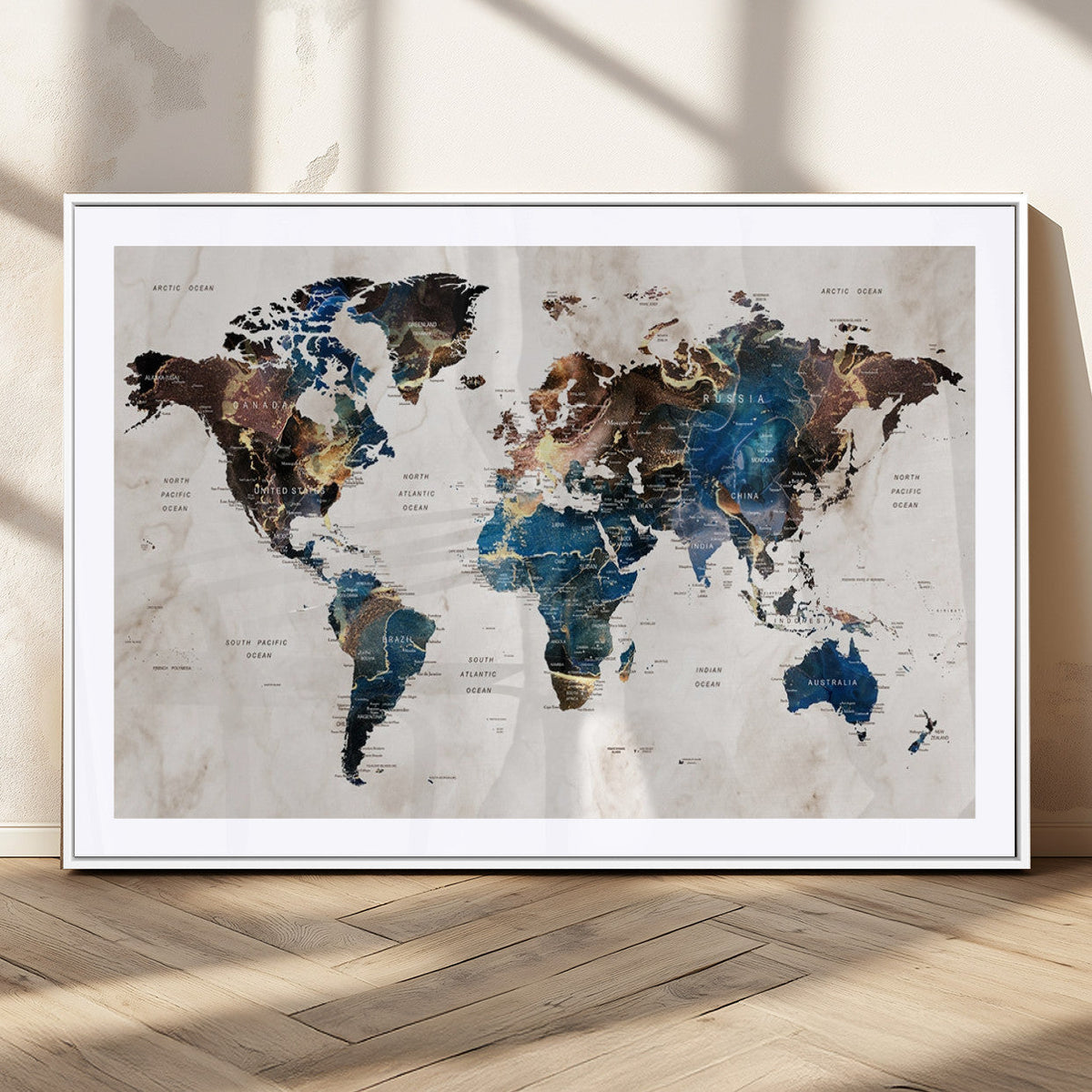 Abstract Earth Tone Blue World Map Canvas Print | Framed Travel Map Wall Art