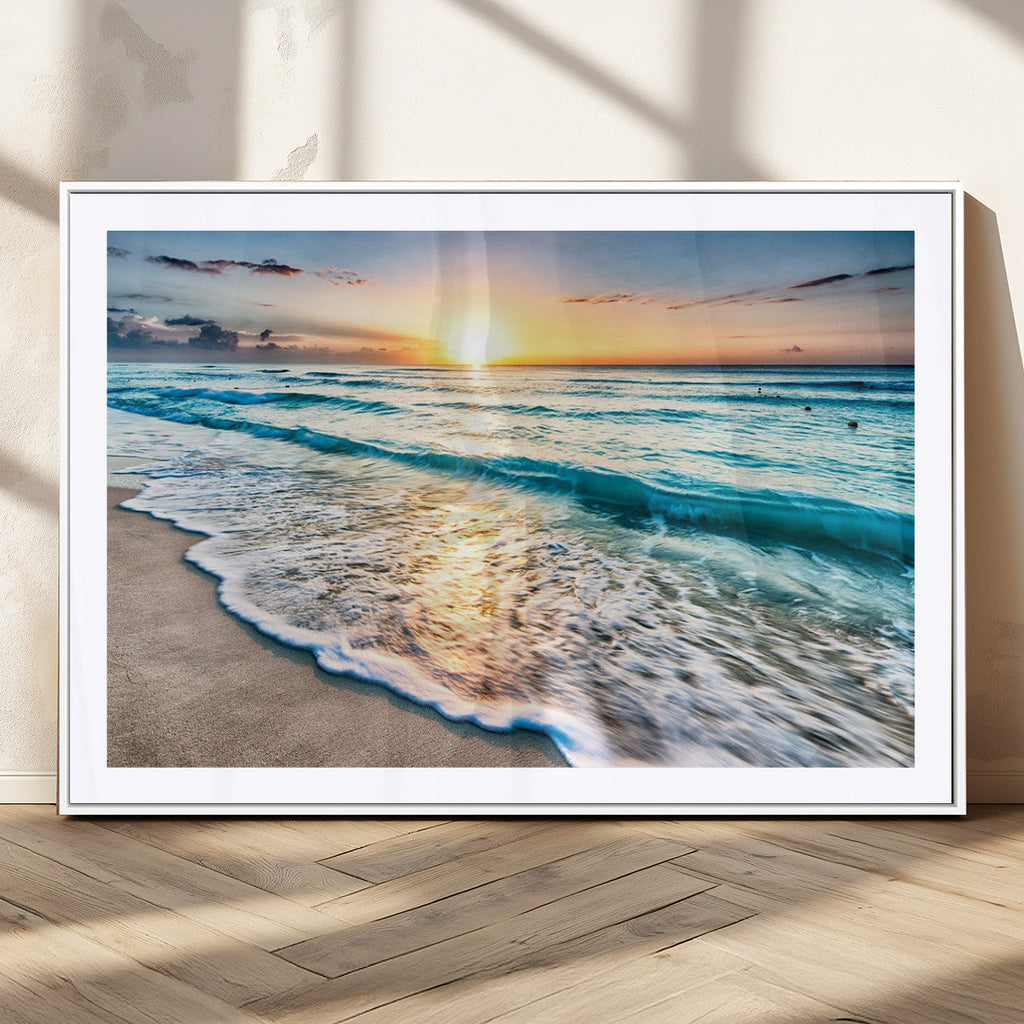 Sunset Beach Waves Canvas Wall Art | Ocean Sunset Coastal Print