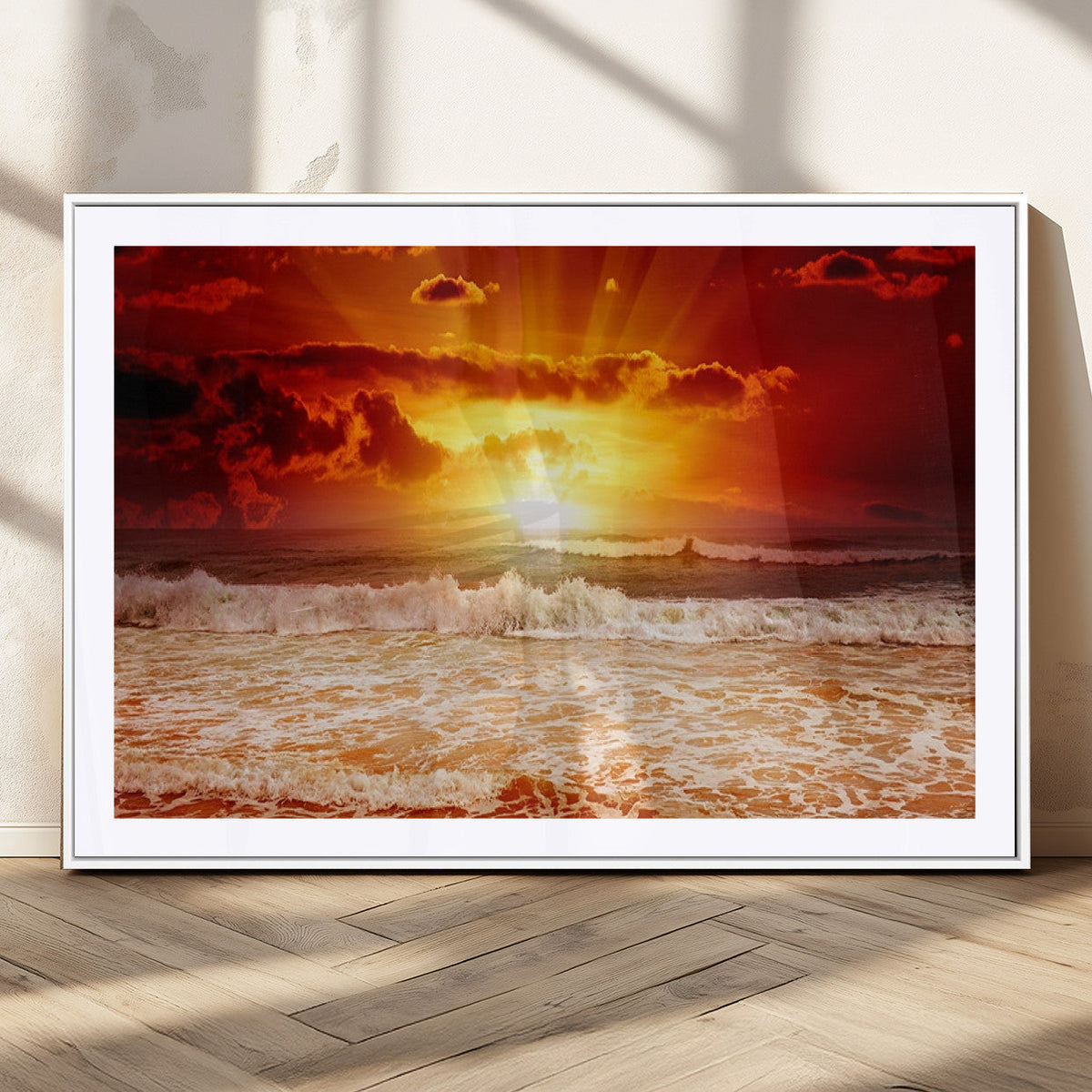 Red Sunset Ocean Beach Canvas Wall Art, Coastal Sunset Print