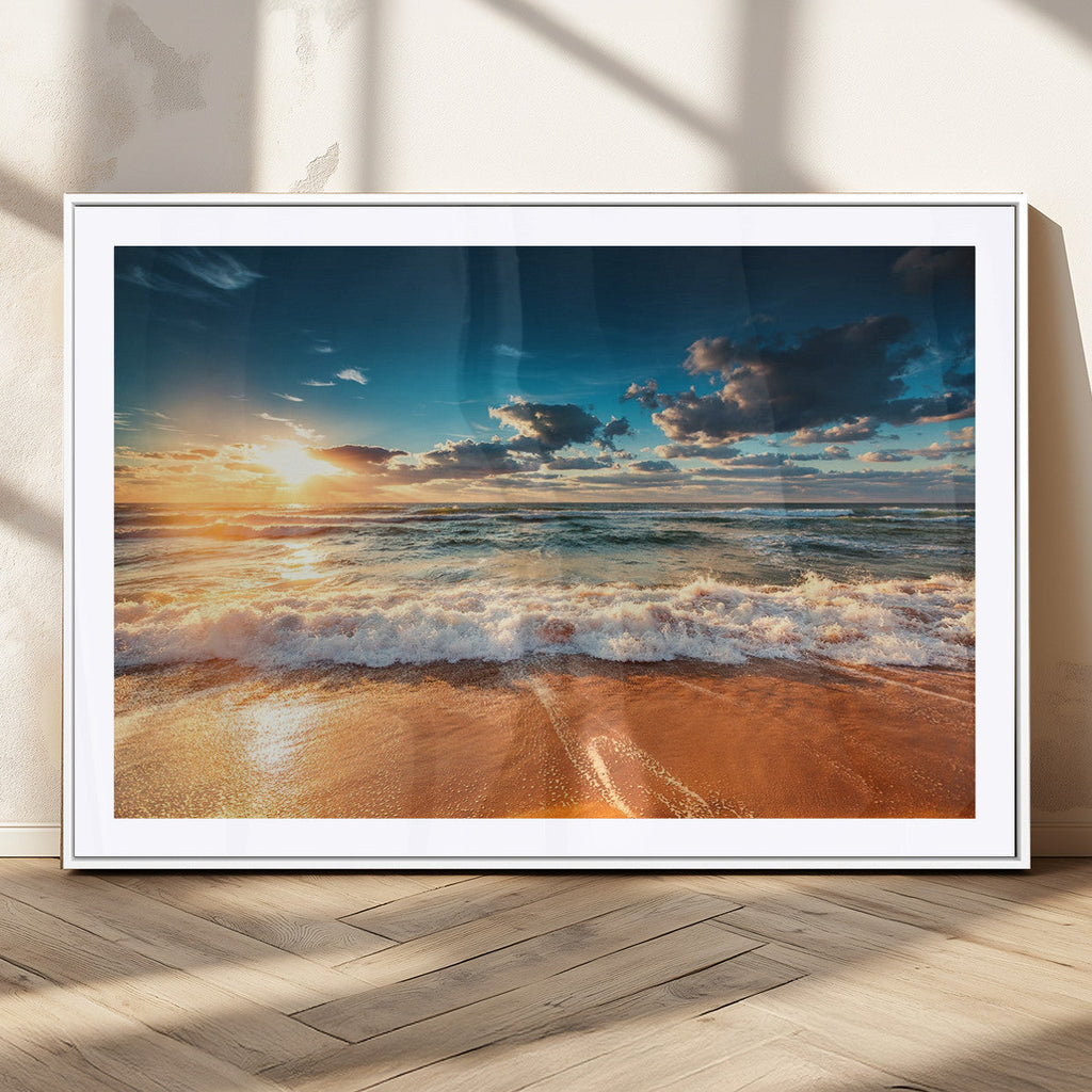 Golden Sunset Beach Triptych Canvas Art, Giclee Coastal Wall Decor, Ocean Waves Print
