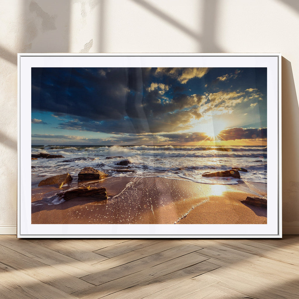 Golden Hour Beach Sunset Canvas Triptych, Ocean Waves and Rocks Wall Art