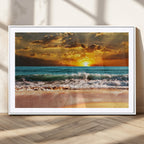 Golden Sunset Beach Canvas Wall Art | Triptych Seascape Print, Framed and Ready to Hang