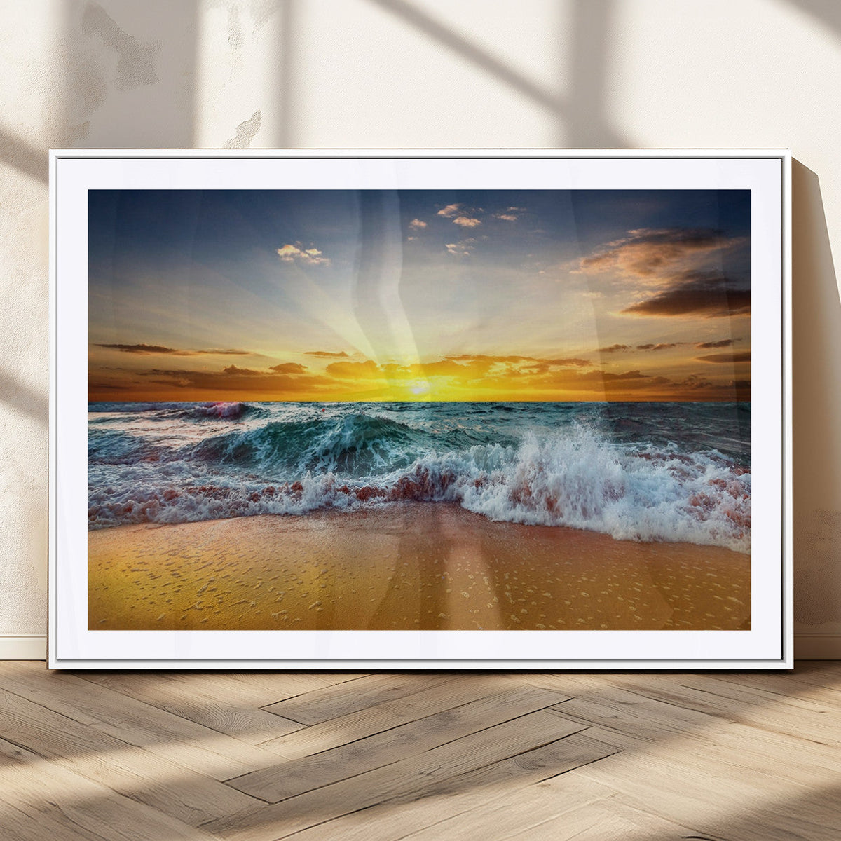 Golden Sunset Ocean Waves Wall Art Canvas Print | Multi Panel Beach Canvas Set, Coastal Triptych