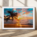 Palm Tree Sunset On The Beach Wall Art Canvas, Framed Palm Tree Sunset Canvas Print