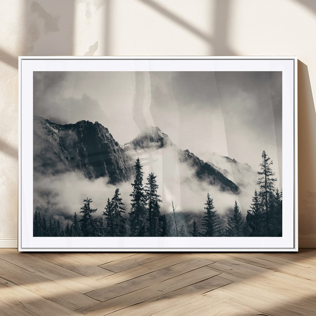 Forest Mountain Print | Black and White Canvas Wall Art with Misty Forest Design