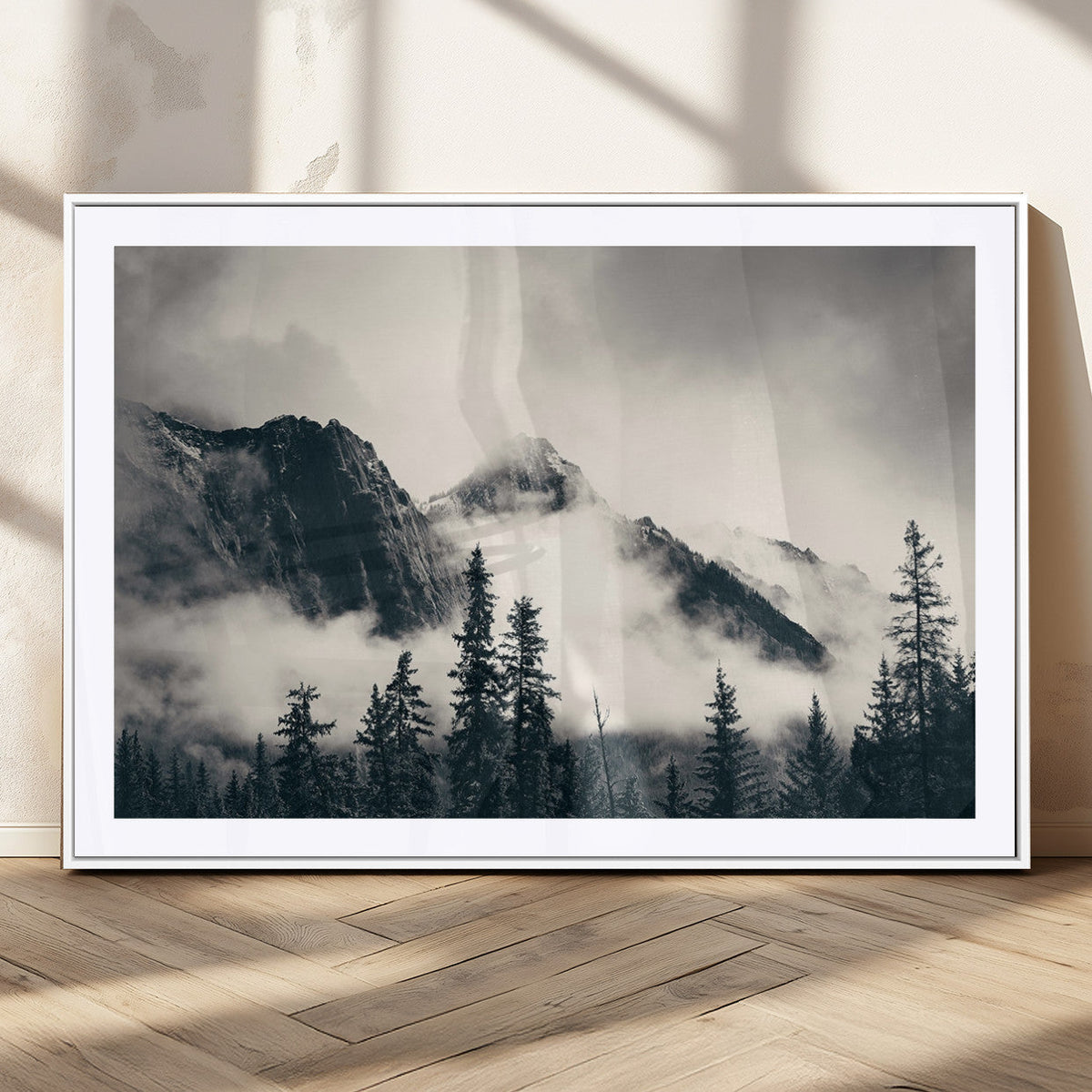 Forest Mountain Print | Black and White Canvas Wall Art with Misty Forest Design