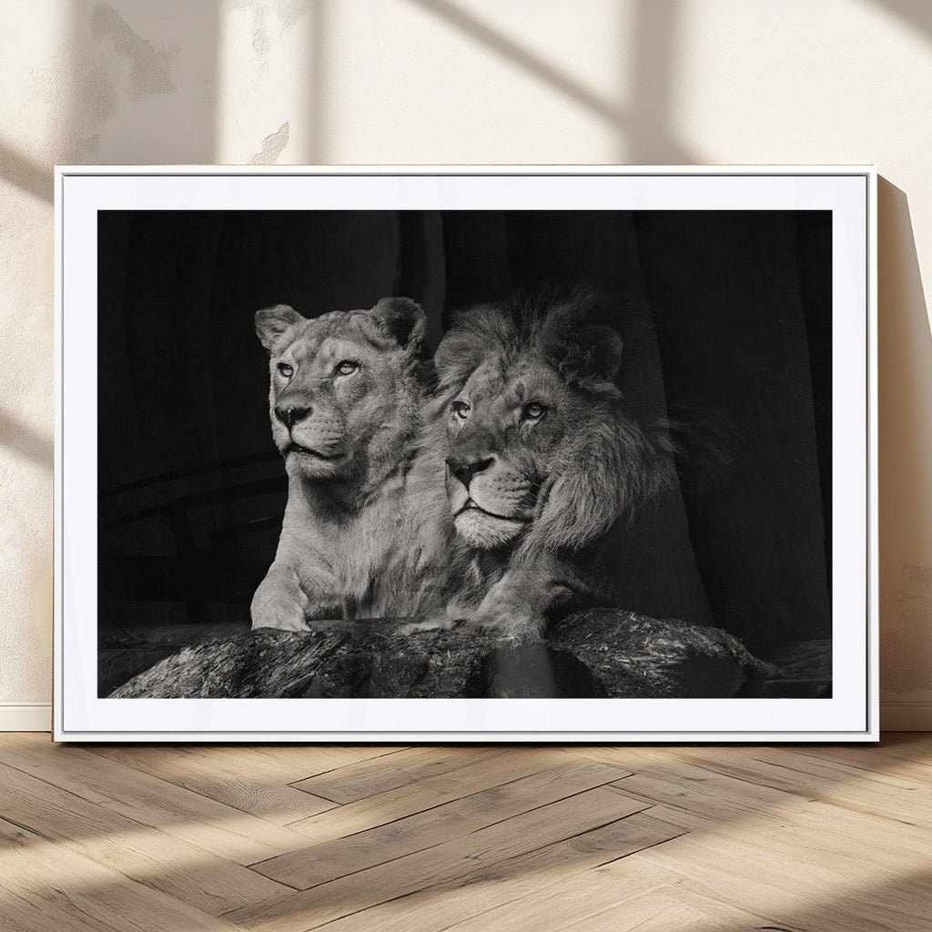 Lion Couple Wall Art Canvas Print, Elegant Black and White Wildlife Portrait