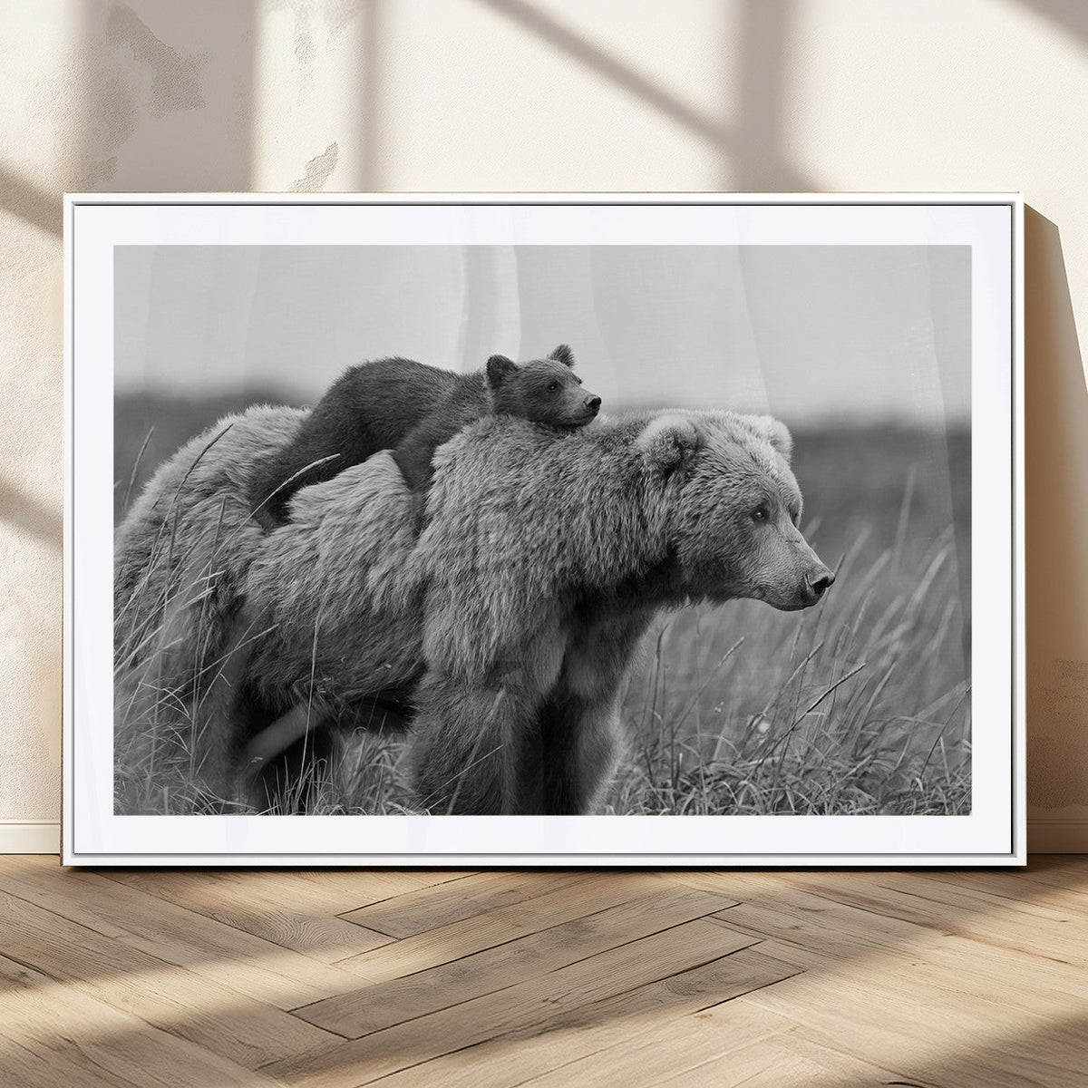Bear and Cub Wall Art Canvas | Grizzly 399 Bear and Cub Black and White Wildlife Print