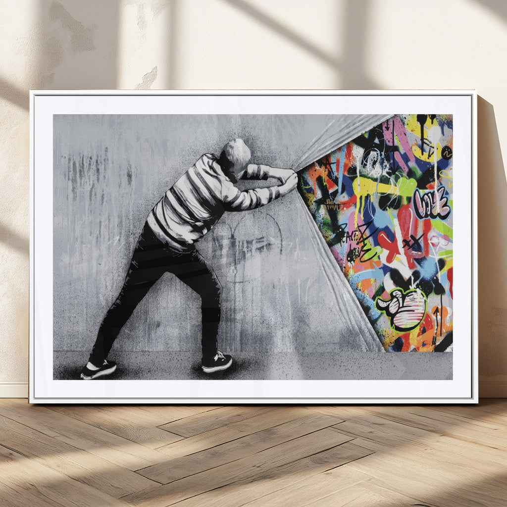 Banksy Art Behind the Curtain Street Wall Art Canvas Print | Urban Graffiti Style Wall Decor