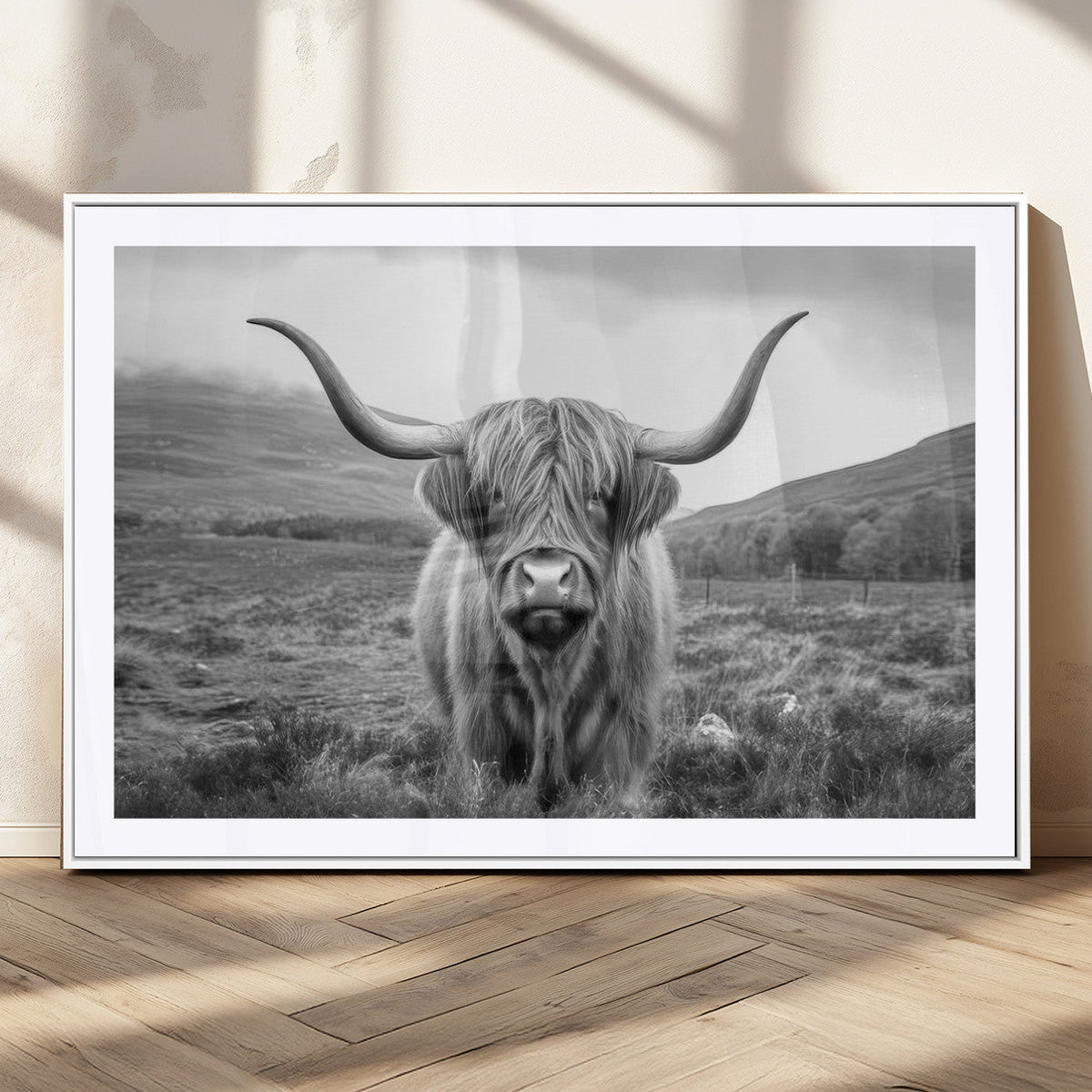 Black White Scottish Highland Cow Canvas Farm Wall Art