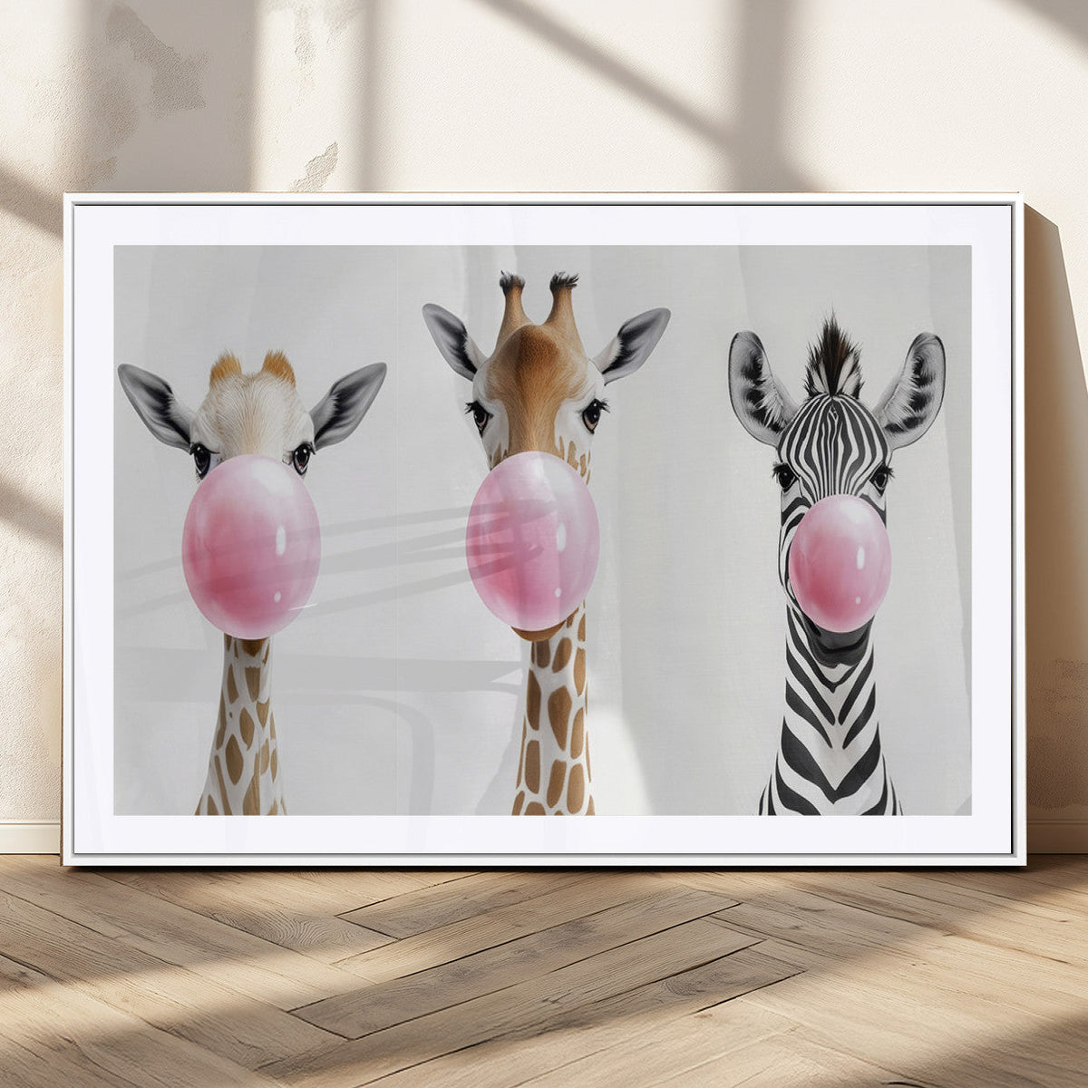 Bubblegum Animals Canvas Wall Art, Playful Giraffe and Zebra Trio, Whimsical Nursery and Kids Room Decor