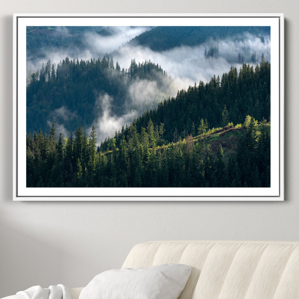 Misty Forest Wall Art Canvas Print | Pine Hills with Foggy Trees