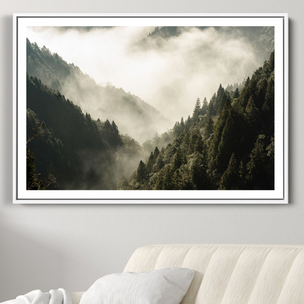 Misty Valley Wall Art Canvas Print | Foggy Forest and Pine Trees