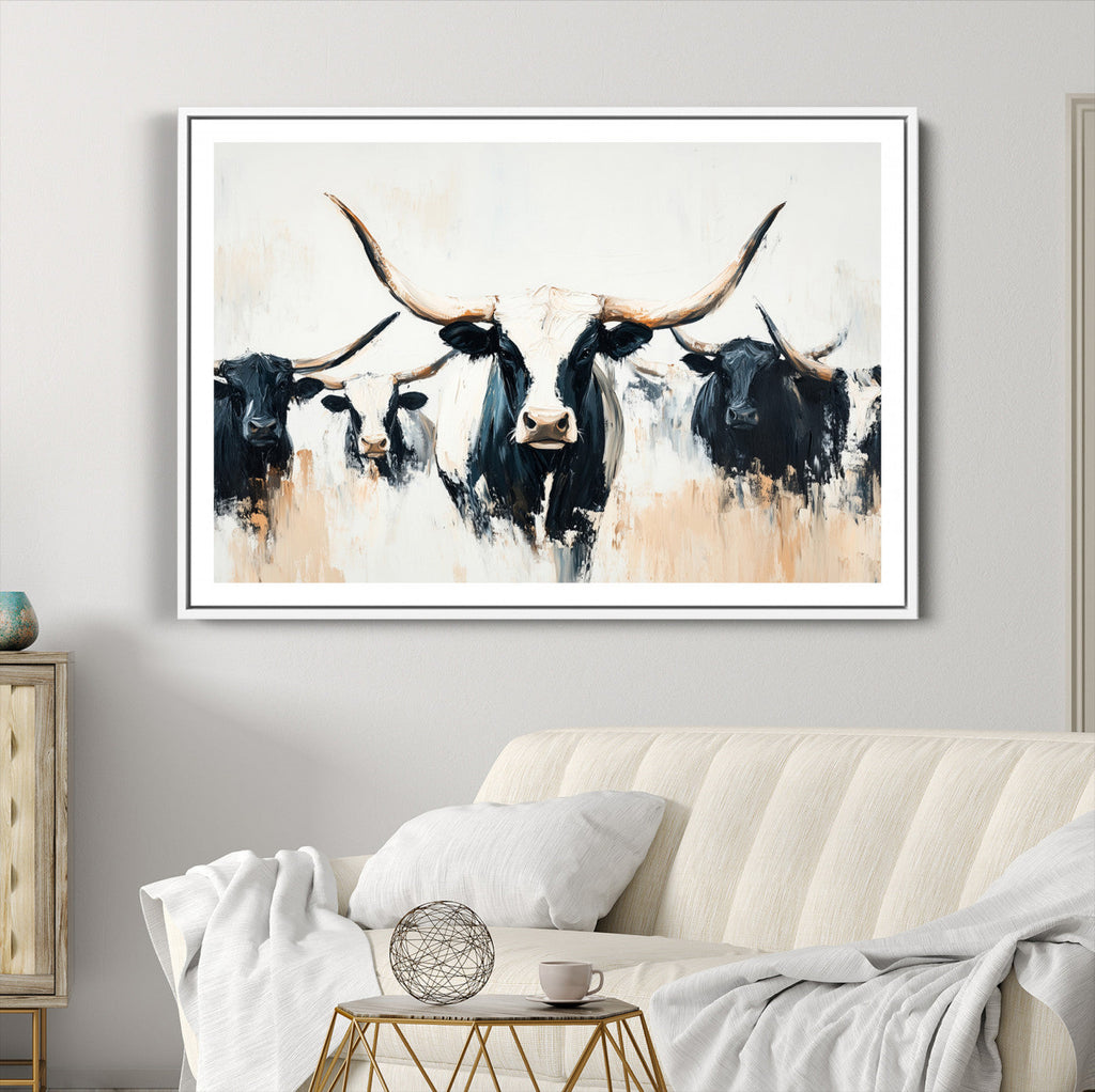 Texas Longhorn Wall Art Canvas Print | Majestic Horned Bull in Black and White