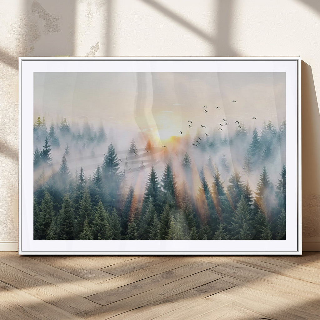 Misty Pine Forest Wall Art Canvas, Sunrise Over Foggy Trees