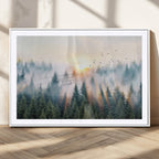 Misty Pine Forest Wall Art Canvas, Sunrise Over Foggy Trees