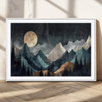 Moonlit Mountain Wall Art Canvas Print, Framed Silhouetted Pines Art, Layered Peaks Rustic Decor