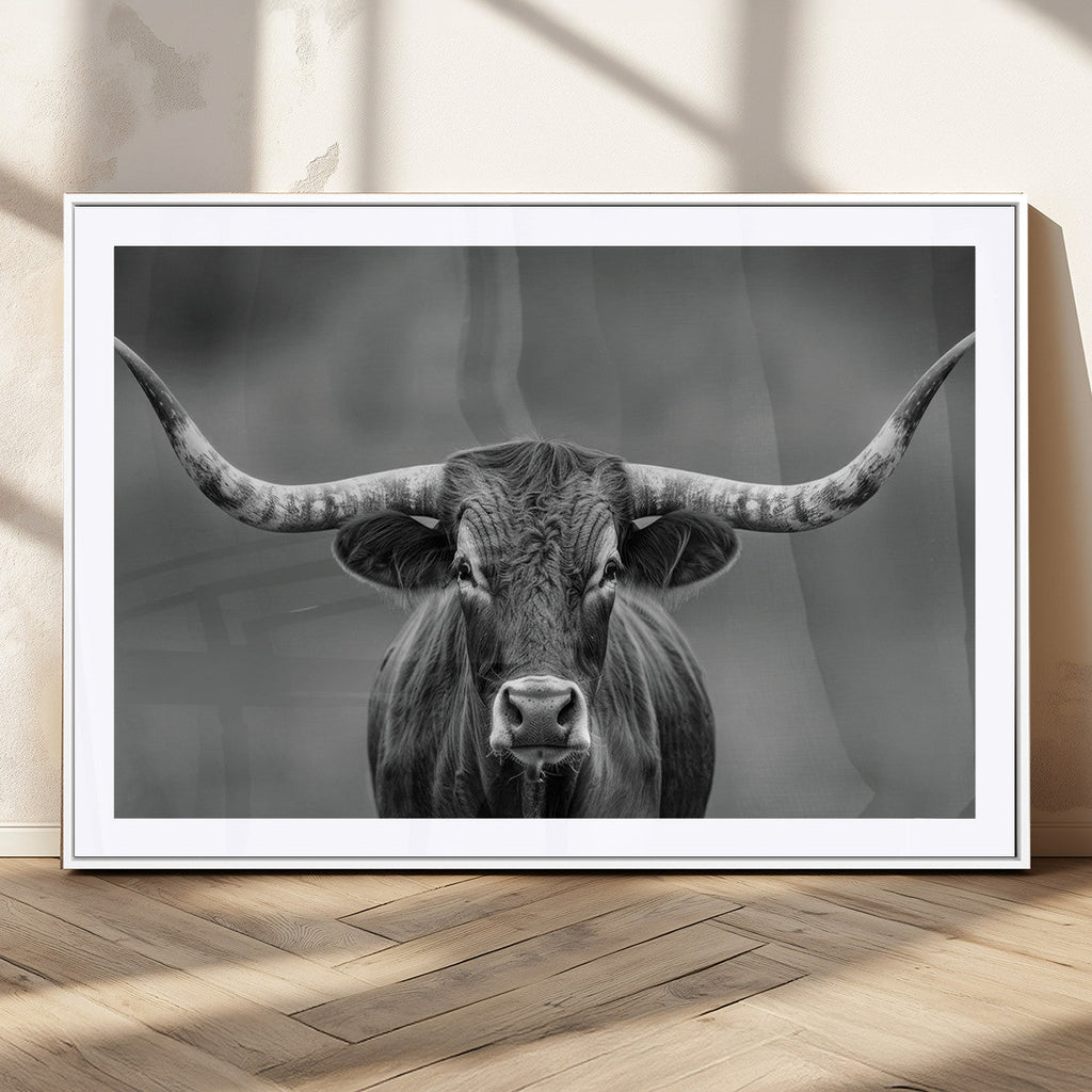 Texas Longhorn Wall Art Canvas Print, Framed Western Bull Photography, Rustic Log Cabin Decor