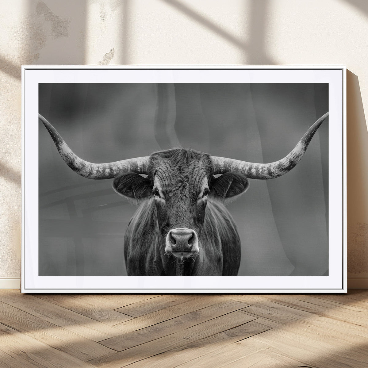 Texas Longhorn Wall Art Canvas Print, Framed Western Bull Photography, Rustic Log Cabin Decor