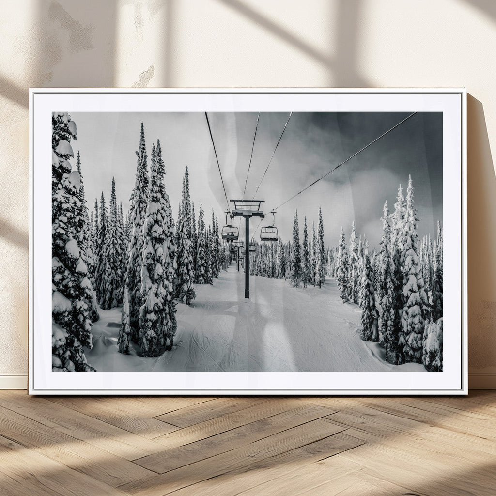 Snowy Pines Wall Art Canvas Print | Ski Lift in a Winter Forest