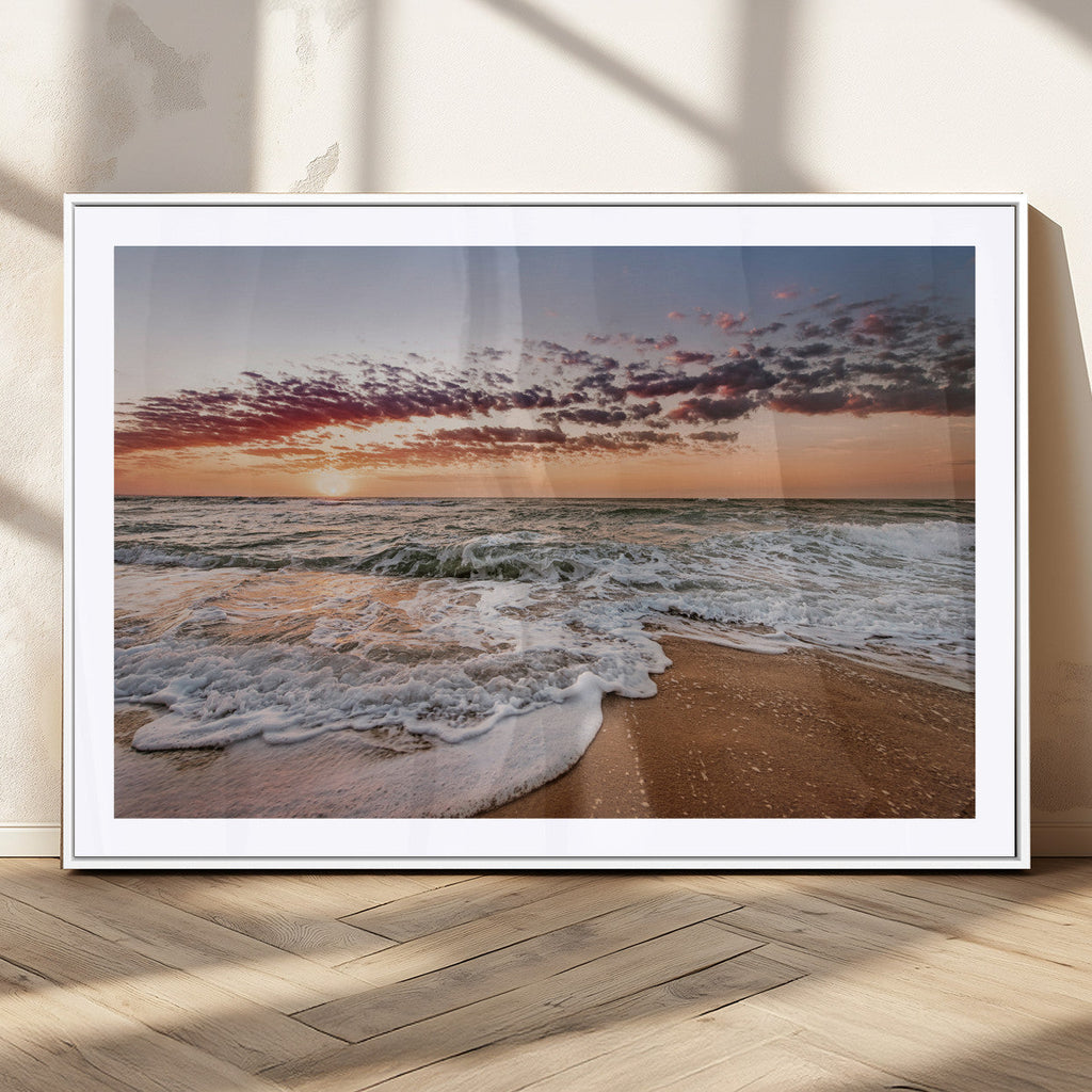 Ocean Sunset Wall Art Canvas Print | Sandy Shore and Gentle Waves
