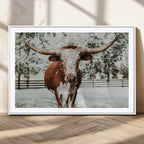 Texas Longhorn Wall Art Canvas Print | Framed Spotted Brown and White Bull