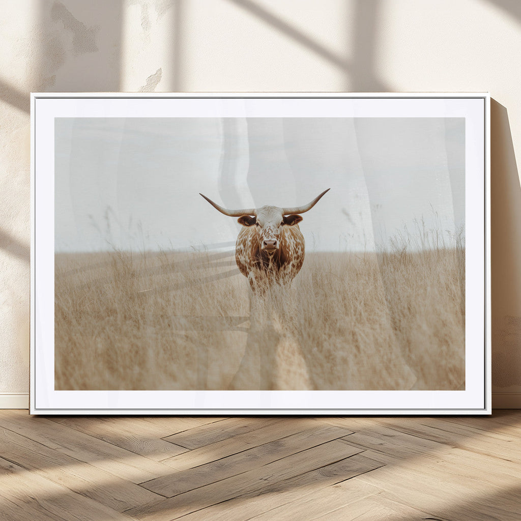 Texas Longhorn Wall Art Canvas Print, Framed Lone Cattle and Longhorn Bull Scene