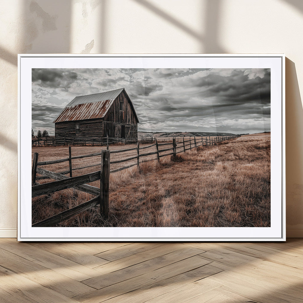 Rustic Barn Wall Art Canvas Print, Framed Moody Field Scene