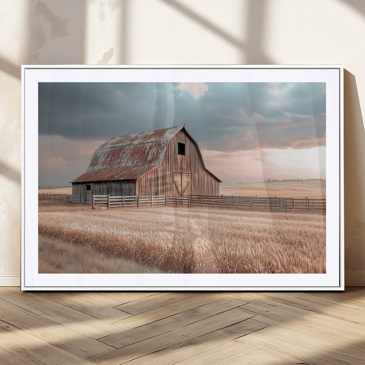 Rustic Barn Wall Art Canvas Print, Framed Wheat Field Scene