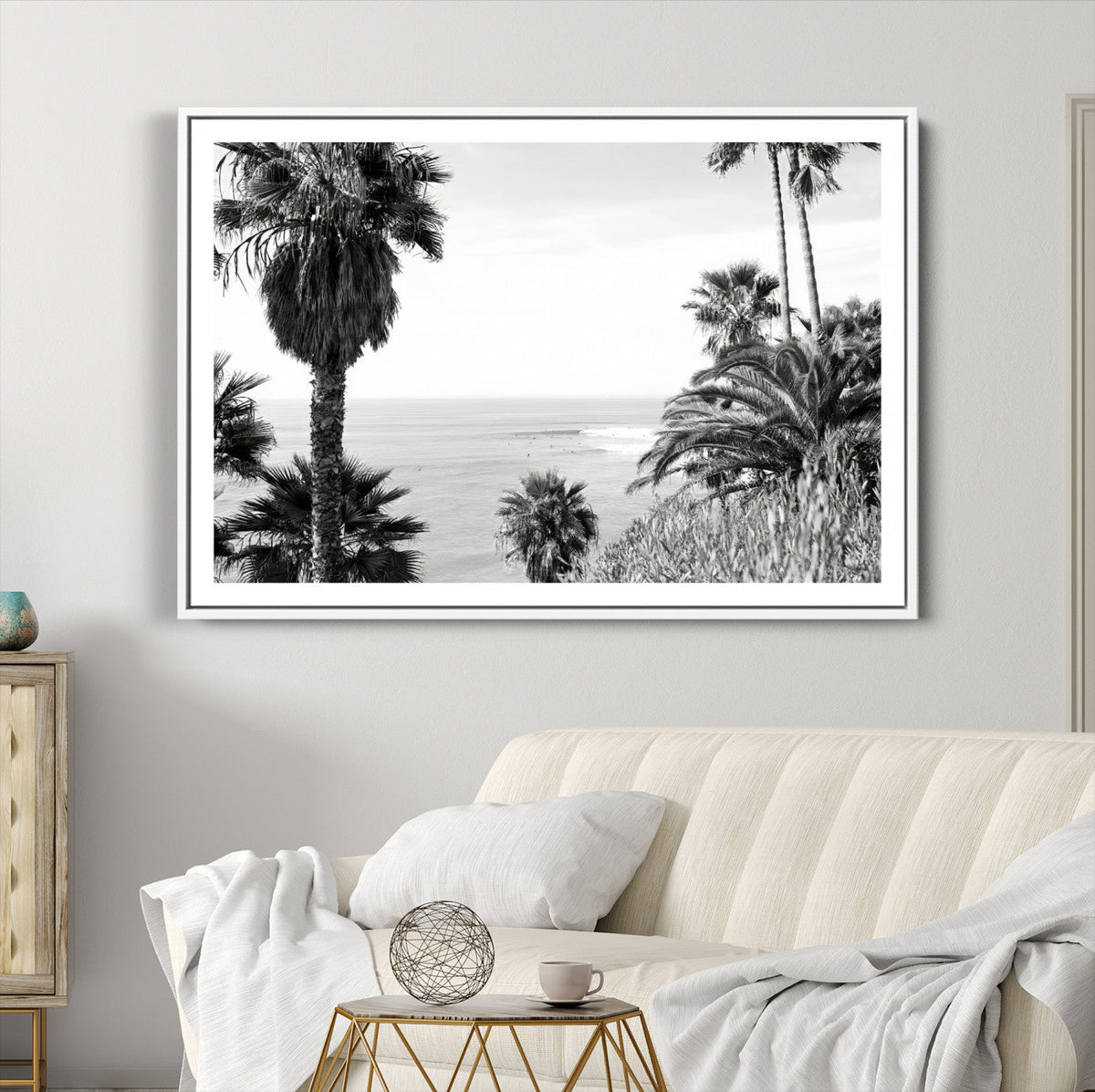 Palm Trees Wall Art Canvas Print, Framed Coastal Ocean Horizon Monochrome Art