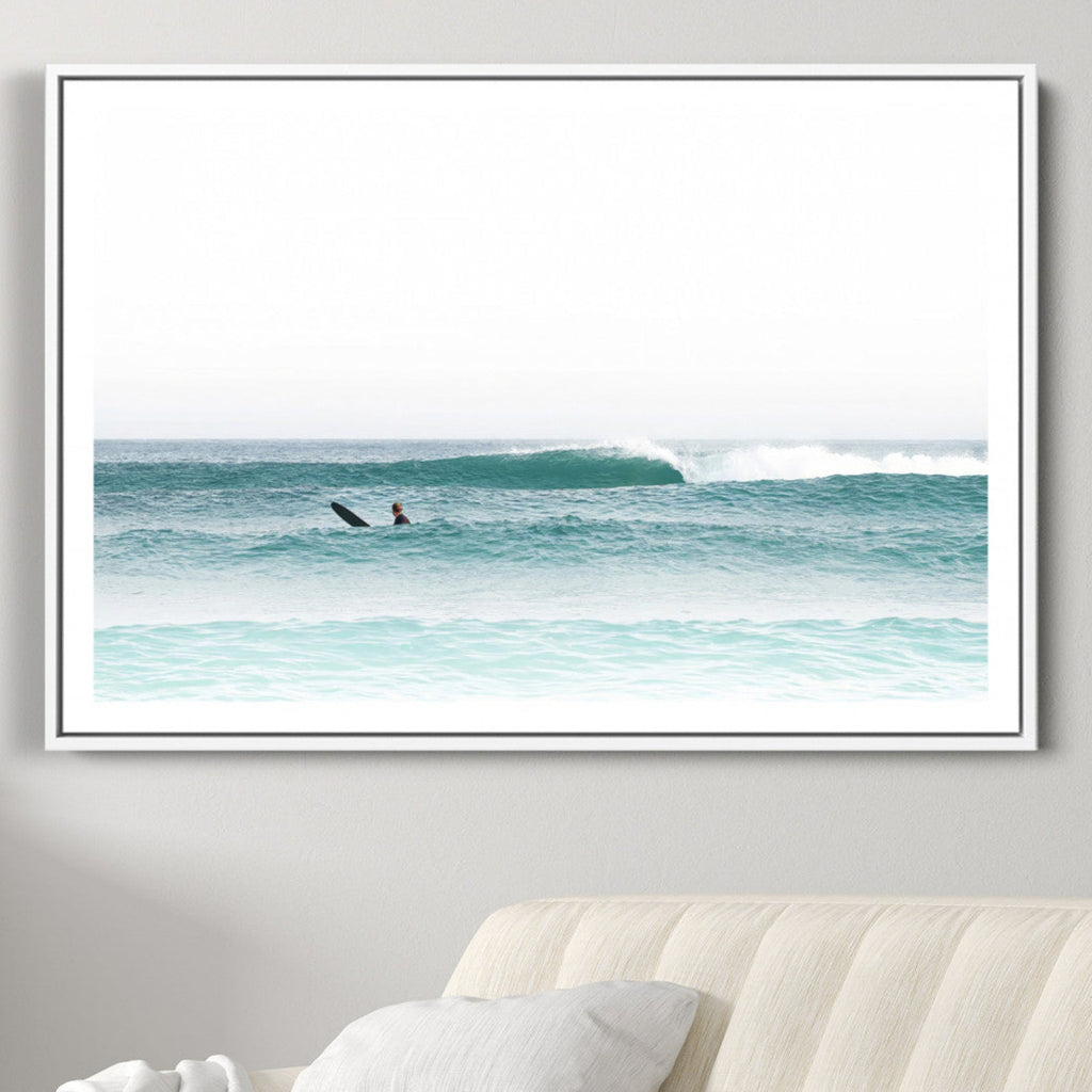 Surfing Wall Art Canvas Print, Framed Minimalist Ocean Waves Beach Art