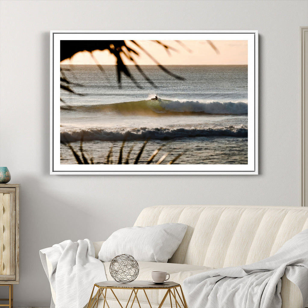 Sunset Surf Wall Art Canvas Print, Framed Golden Hour Waves Boho Beach Art