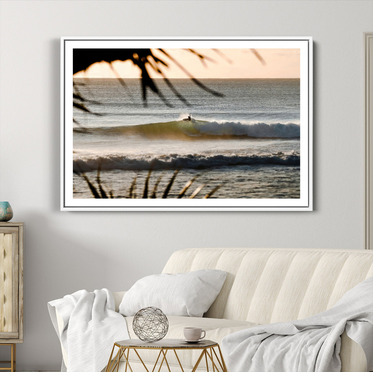 Sunset Surf Wall Art Canvas Print, Framed Golden Hour Waves Boho Beach Art