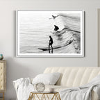 Surfers on Waves Wall Art Canvas Print | Framed Black and White Surf