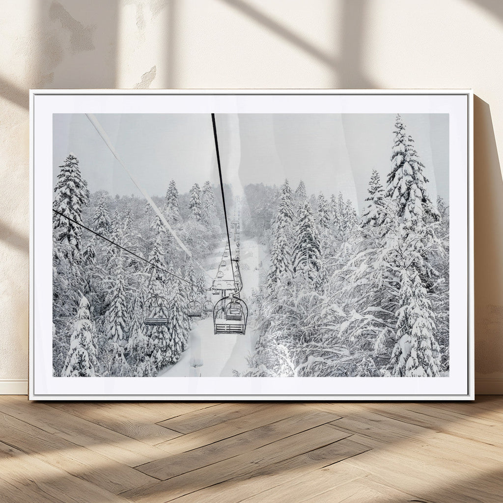 Snowy Ski Lift Wall Art | Framed Winter Mountain Canvas