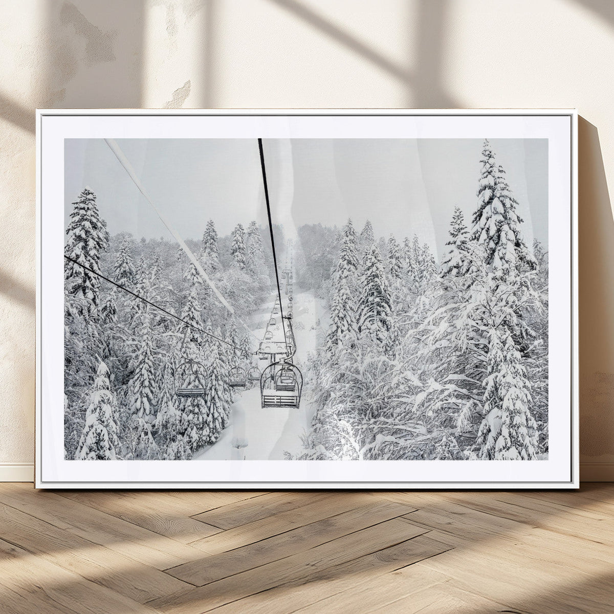 Snowy Ski Lift Wall Art | Framed Winter Mountain Canvas